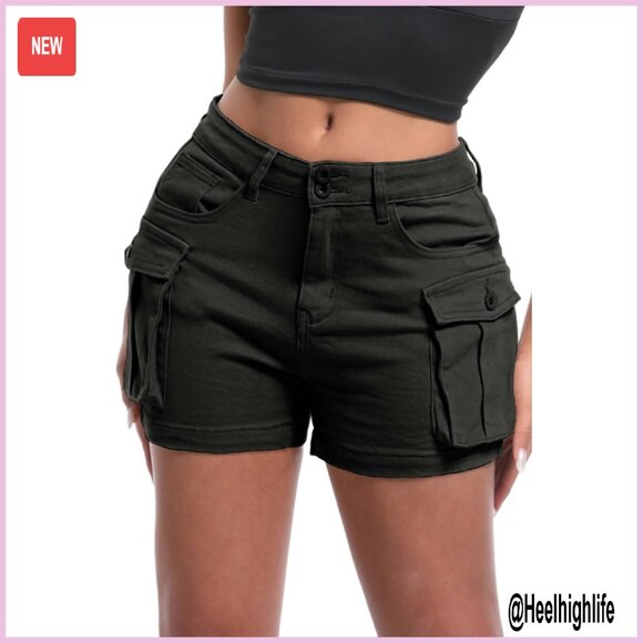 High Waisted Cargo Shorts Stretch Denim Slim Fit Y2K Style Casual Wear